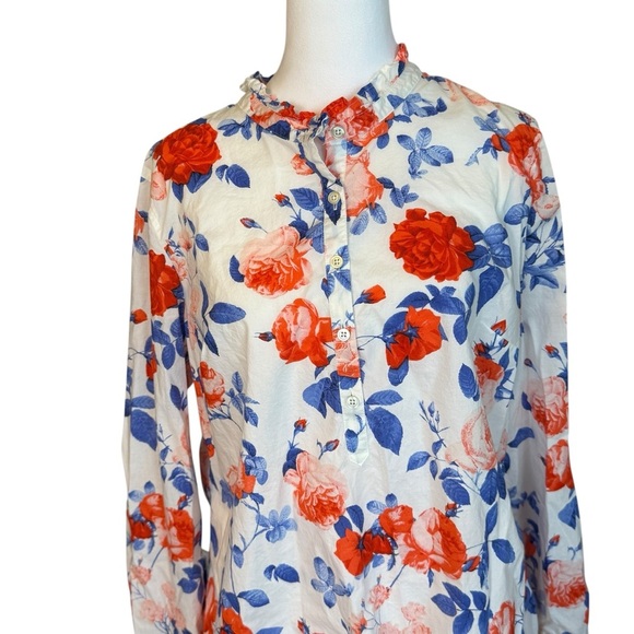Talbots Floral Ruffle Neck 100% Cotton Popover Poplin Blouse Large Cottagecore - Picture 3 of 11